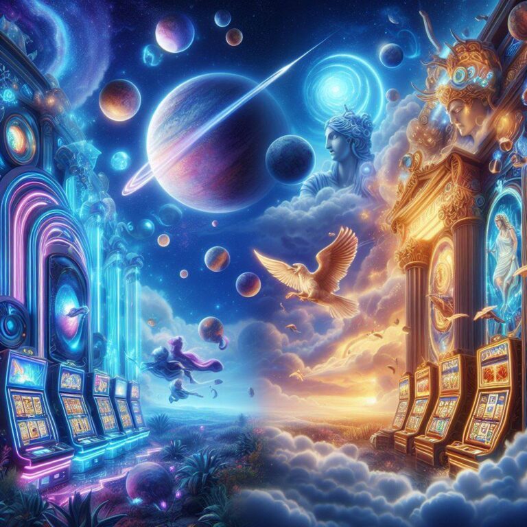 An image showcasing the cosmic wonders of Cosmic Adventure and the mythical realm of Legends of Olympus, two captivating slot machines that transport players to otherworldly realms